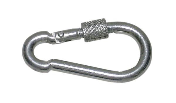 Karabinerhaken aus Metall mit Schraubverschluss, isoliert auf weißem Hintergrund.