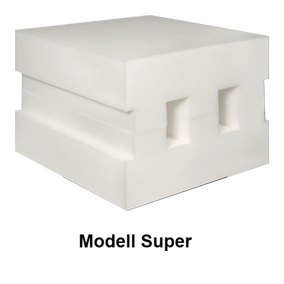 Weißer Schaumstoffblock Modell Super mit rechteckigen Aussparungen.