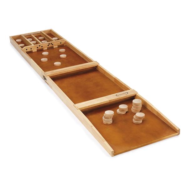 Holzspiel mit Spielfläche und runden Spielscheiben, ähnlich einem Shuffleboard oder Tischspiel.
