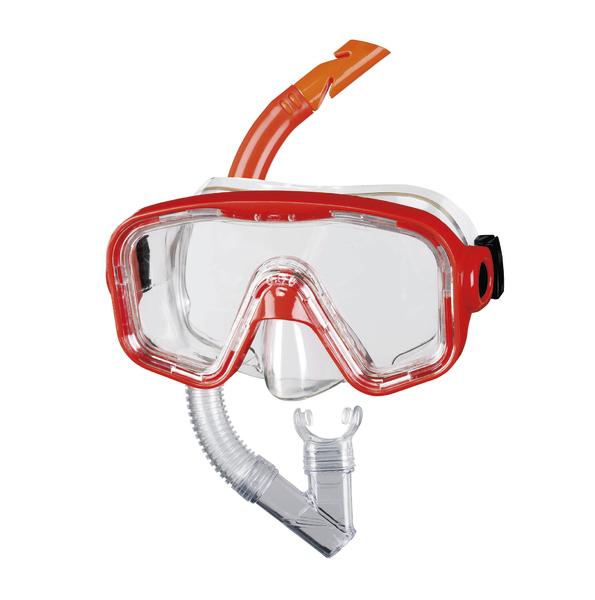 Taucherbrille mit rotem Rahmen und Schnorchel für Unterwasseraktivitäten.