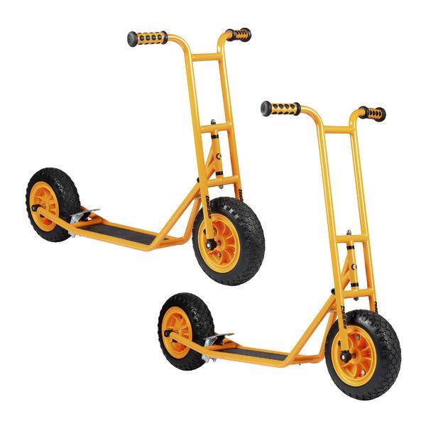 Gelber Tretroller mit großen Luftreifen und robustem Stahlrahmen für Kinder und Erwachsene.