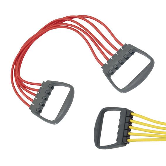 Widerstandsband mit Griffen für Krafttraining, rot und gelb, isolierter weißer Hintergrund.