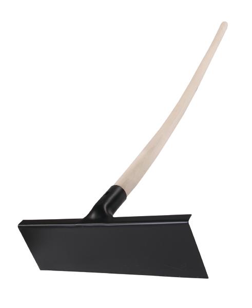 Schwarzer Sprunggruben-Glätter mit langem Holzstiel auf weißem Hintergrund.