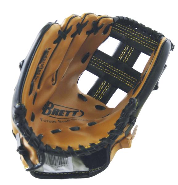 Baseballhandschuh aus braunem Leder mit schwarzer Naht und Netzstruktur, Nahaufnahme.