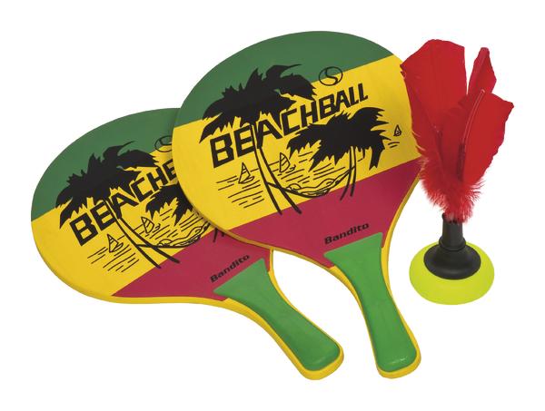 Bunte Beachball-Schläger mit Palmenmotiv und Federball für Strandspiele.