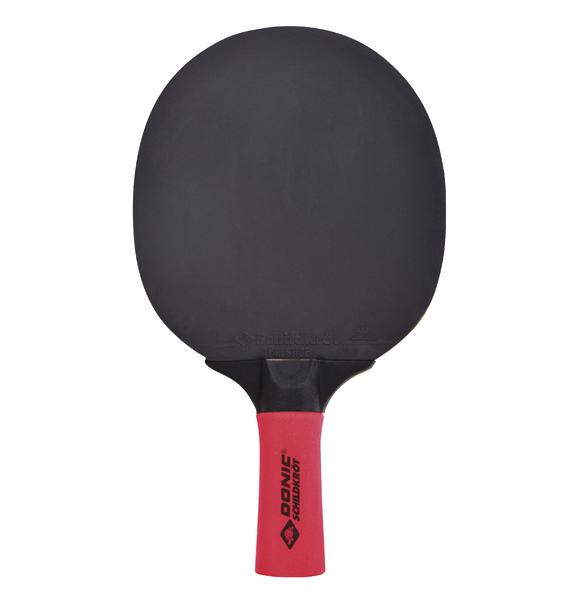 Tischtennisschläger mit schwarzer Schlagfläche und rotem Griff, Donic Schildkröt Marke.