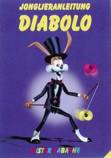 Cartoon-Hase in Zirkuskleidung jongliert mit Diabolo auf violettem Hintergrund.