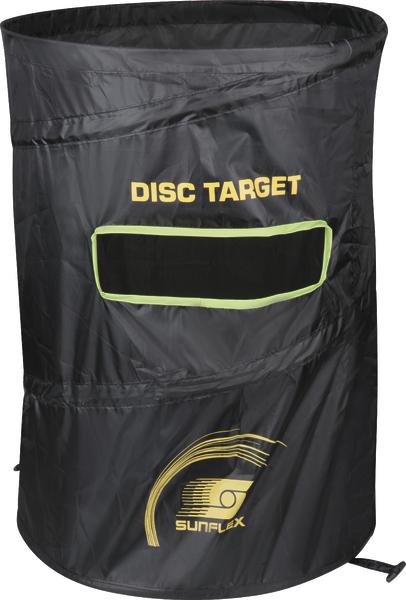 Schwarzes Disc Target Fangnetz mit grünem Rand und gelber Aufschrift für Wurfscheiben.