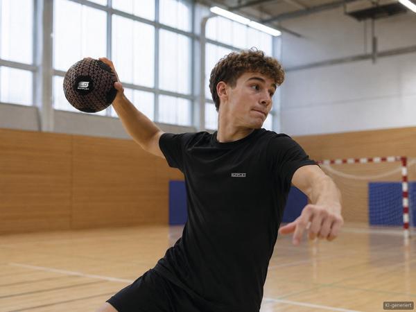Junger Mann beim Wurf mit einem schwarzen Ball in einer Sporthalle.