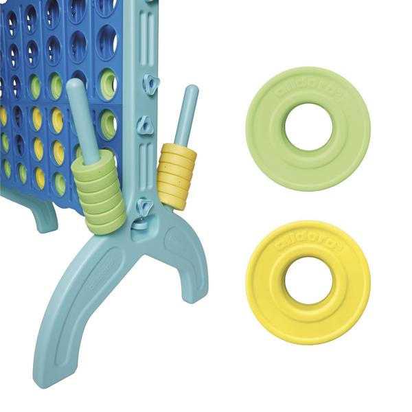 Detailansicht eines Vier-gewinnt-Spiels mit Standfuß und grünen sowie gelben Spielscheiben.