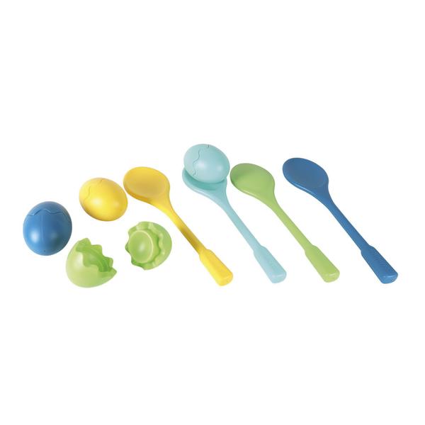 Set aus bunten Löffeln und Kunststoff-Eiern für Geschicklichkeitsspiele.