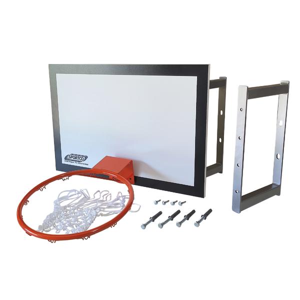 Basketballkorb mit weißem Backboard, orangefarbenem Ring und Montagematerial für Wandbefestigung.