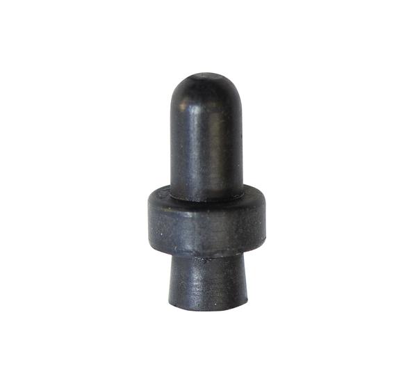 Schwarzer Gummistopfen mit rundem Kopf und breitem Rand, isoliert auf weißem Hintergrund.