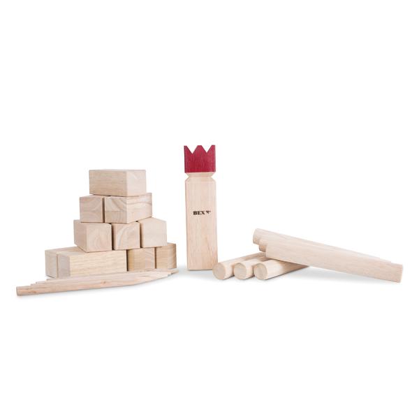 Holzspiel-Set mit König, kleinen Klötzen und Wurfstäben für Kubb/Wikingerschach.