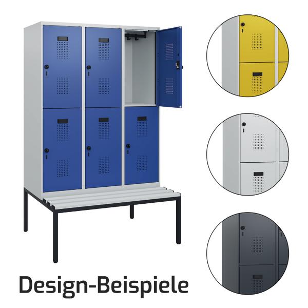C+P Garderobenspind mit Sitzbank, lichtgrauem Korpus, blauen Türen und Designvarianten in Gelb, Lichtgrau und Anthrazit.