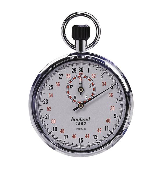 Präzise Hanhart Stoppuhr mit Sekunden- und Zehntelsekundenanzeige auf weißem Zifferblatt.