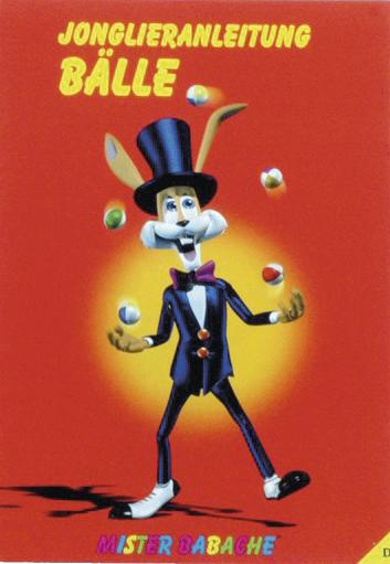 Cartoon-Hase in Zylinder jongliert bunte Bälle vor rotem Hintergrund, Text "Jonglieranleitung Bälle".