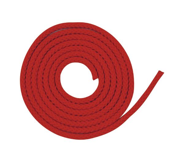 Rotes, geflochtenes Seil aufgerollt, isoliert auf weißem Hintergrund.