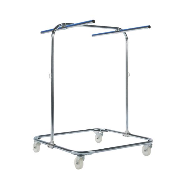 Transportwagen für Mini-Trampoline aus verchromtem Metall mit Rollen.