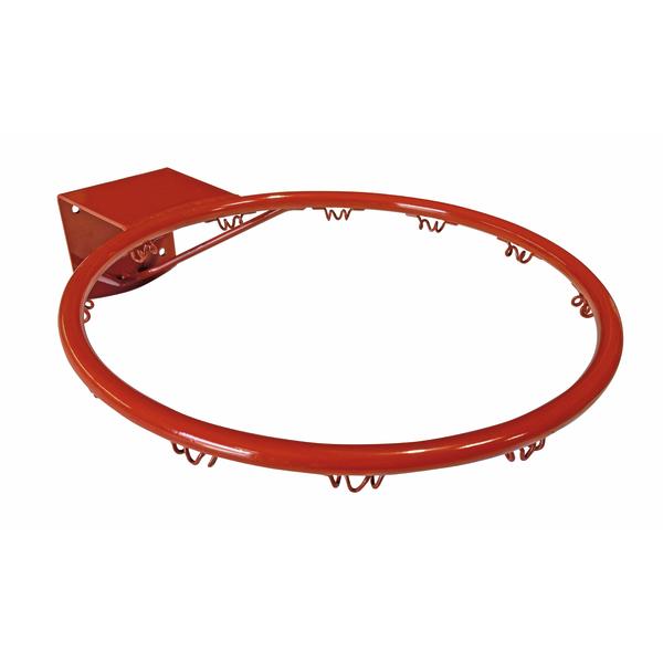Basketballring aus Stahl in Rot mit Netzaufhängungen und Montageplatte.