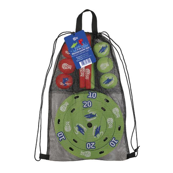 Wasserspiel-Set mit Zielscheibe, Bällen und Wurfringen im Netzbeutel für Poolspiele.