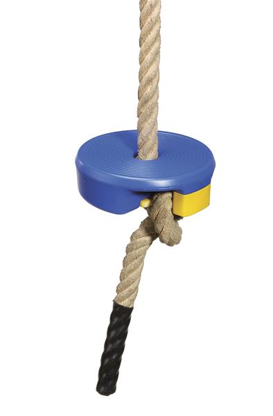 Seil mit blauem Klettergriff und gelbem Sicherungsmechanismus für Spielplatz oder Fitness.