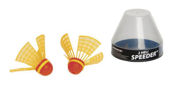 Zwei gelb-orange Badminton-Bälle mit Kunststofffedern und eine transparente Aufbewahrungsbox.