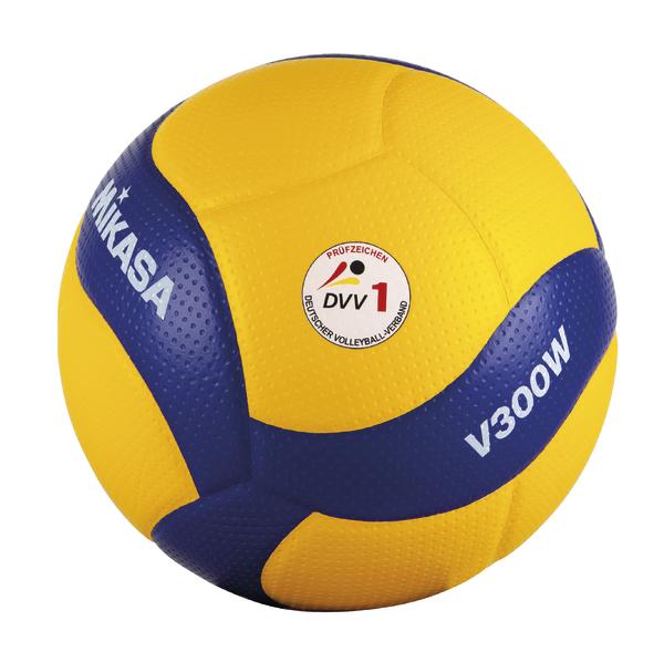 Gelb-blauer Mikasa V300W Volleyball mit DVV-Prüfzeichen auf weißem Hintergrund.