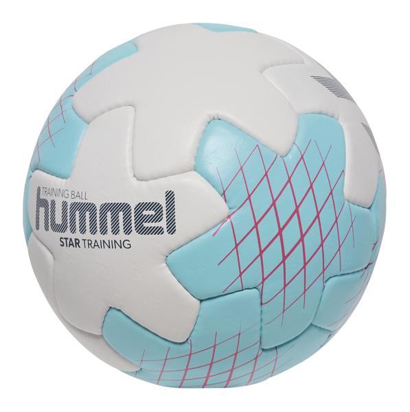 Weiß-blauer Hummel Handball mit rotem Streifenmuster, ideal für Handballspiele und Training.