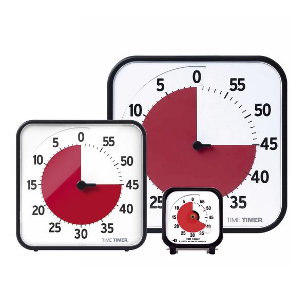 Drei Time Timer in verschiedenen Größen mit roter Zeitanzeige auf weißem Hintergrund.