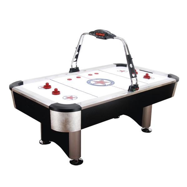 Luftkühler Airhockey-Tisch mit digitaler Anzeige und roten Spielsteinen auf weißem Spielfeld.