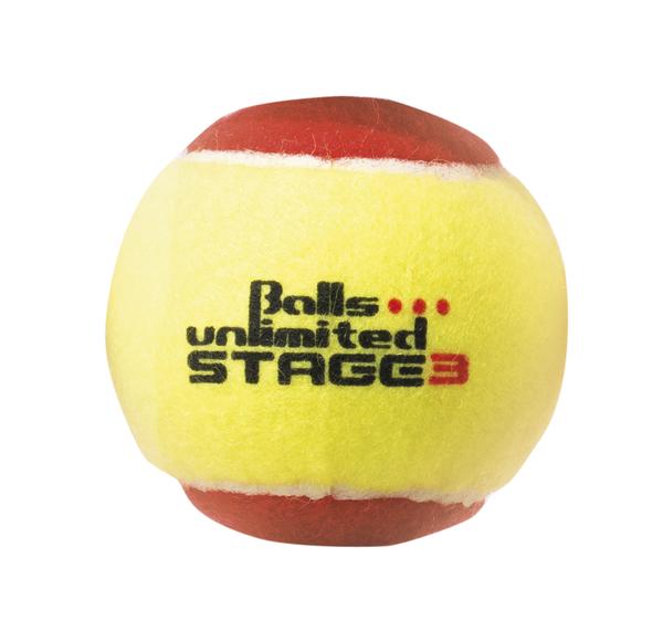 Tennisball mit rotem Rand und Aufschrift "Balls unlimited STAGE 3" auf weißem Hintergrund.