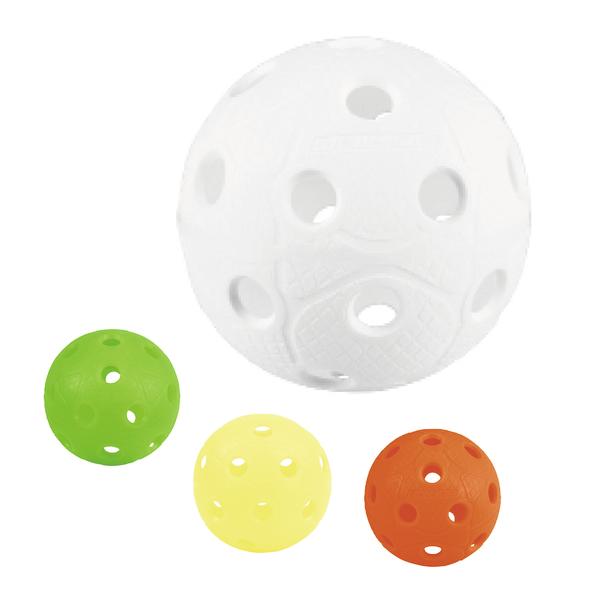 Leichte Kunststoffbälle mit Löchern in verschiedenen Farben, geeignet für Floorball/Unihockey oder ähnliche Spiele.
