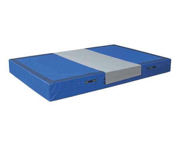 Blauer Gymnastik- und Turnmatte mit grauem Mittelstreifen, faltbar und rutschfest.