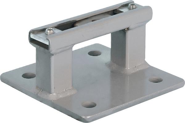 Graue Metallbodenplatte mit Halterung und Schrauben.