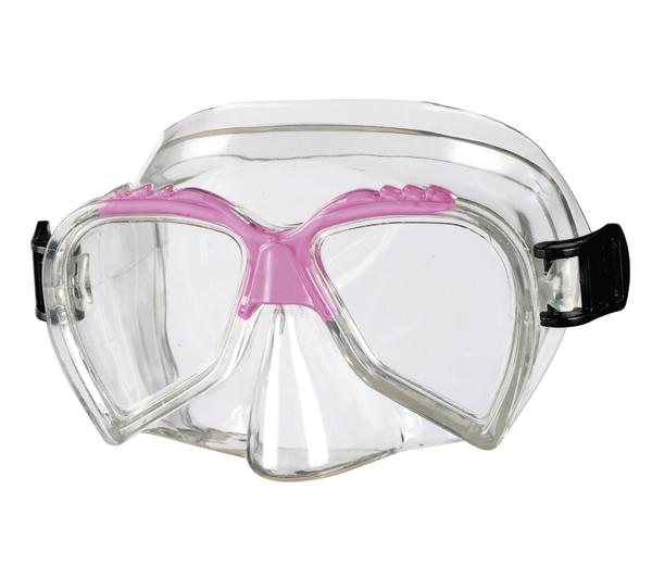 Taucherbrille mit klarem Glas und pinkem Nasensteg, verstellbares schwarzes Band.