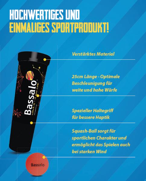 Schwarzer Bassalo Sportball mit orangem Ball und Produktmerkmalen auf blauem Hintergrund.