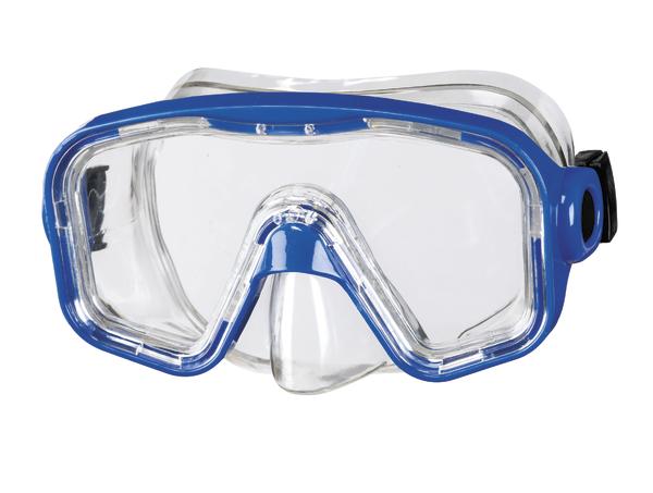 Taucherbrille mit klarem Glas und blauem Rahmen, verstellbarem Gurt für Wassersport.