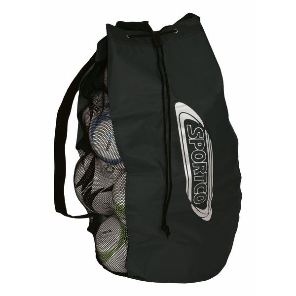Sportico Balltasche aus Netzstoff mit mehreren Bällen, schwarz, Sportzubehör.