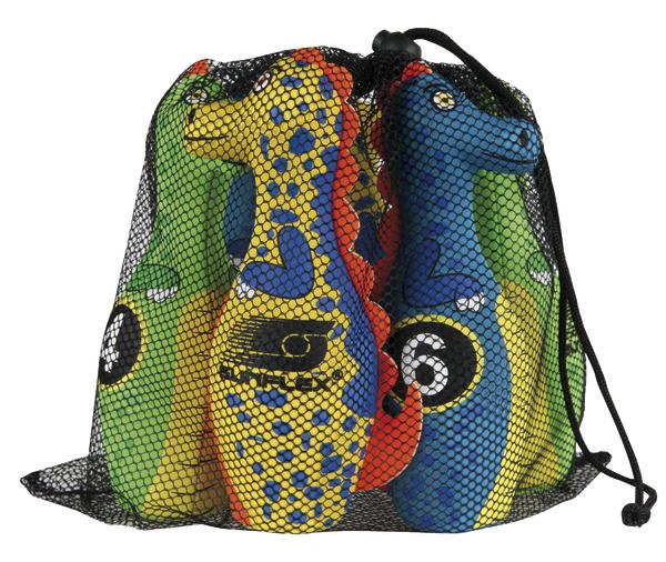 Bunte Dinosaurier-Bowlingkegel aus Kunststoff im schwarzen Netzbeutel, Kinderspielzeug.