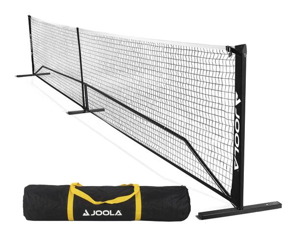 Tragbares Joola Badmintonnetz mit Ständer und Transporttasche, ideal für Outdoor-Spiele.