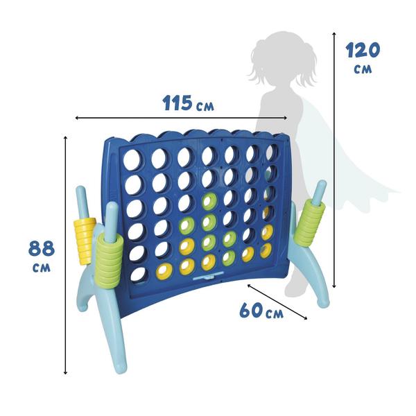 Großes Vier-gewinnt-Spiel mit Maßangaben und Kindersilhouette zum Größenvergleich.