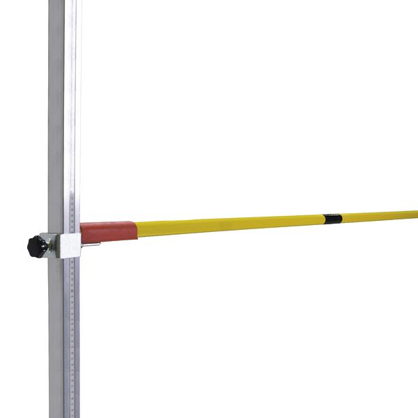 Hochsprunglatte mit verstellbarem Ständer und gelbem Querbalken auf weißem Hintergrund.