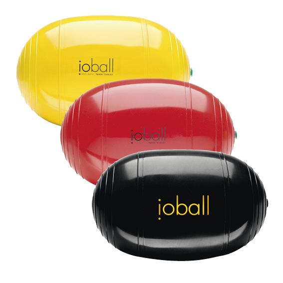 Drei bunte Joball Handtrainer in Gelb, Rot und Schwarz auf weißem Hintergrund.