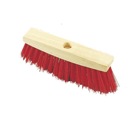 Holzbesen mit roten Kunststoffborsten, ideal für grobe Reinigungsarbeiten im Außenbereich.