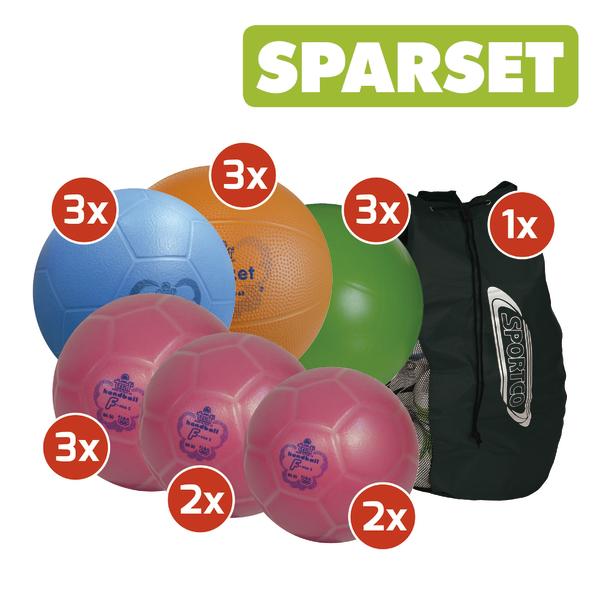 Verschiedene bunte Bälle und ein schwarzer Sporttaschen-Sparset für Sport und Spiel.