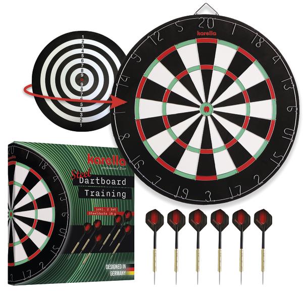 Karella Steel Dartboard Training Set mit klassischer Dartscheibe, sechs Steeldarts und Verpackung in Frontalansicht auf hellem Hintergrund.