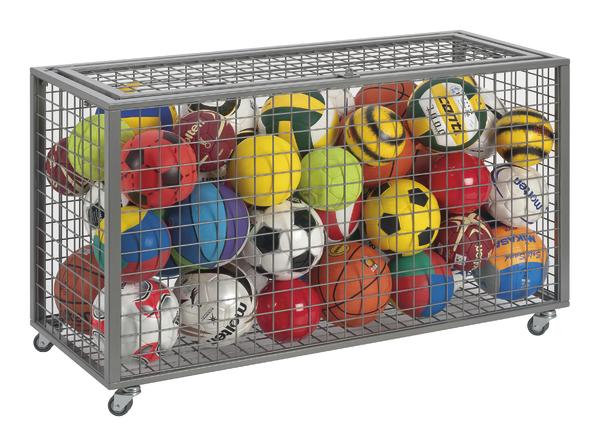 Metallgitterwagen mit verschiedenen Sportbällen wie Fußball, Basketball und Volleyball.