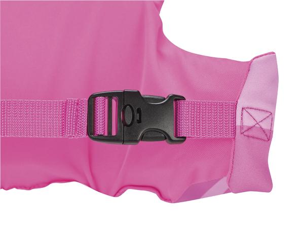 Rosa Schwimmweste mit schwarzem Klickverschluss und verstellbarem Gurt.