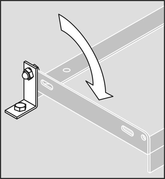 Montageanleitung für das Anbringen eines Metallwinkels an einem Rahmen mit Pfeil zur Positionierung.